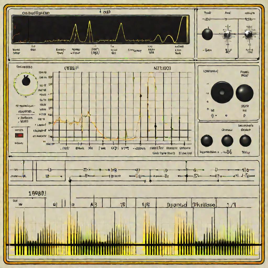 Осциллограф, демонстрирующий синусоидальную волну с подписями амплитуды и частоты. Ключевые фразы: электроника, измерительная аппаратура, периодическое движение