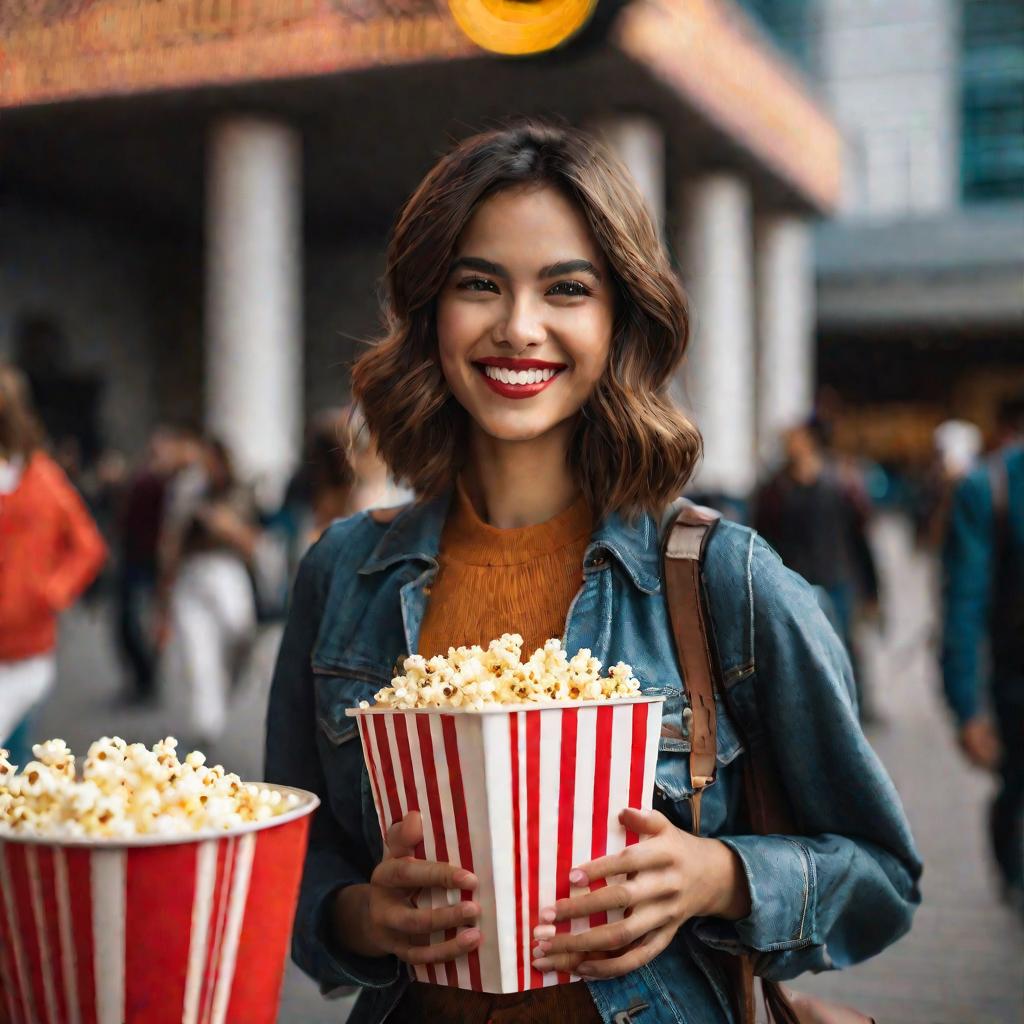 Портрет девушки с попкорном в фойе кинотеатра.