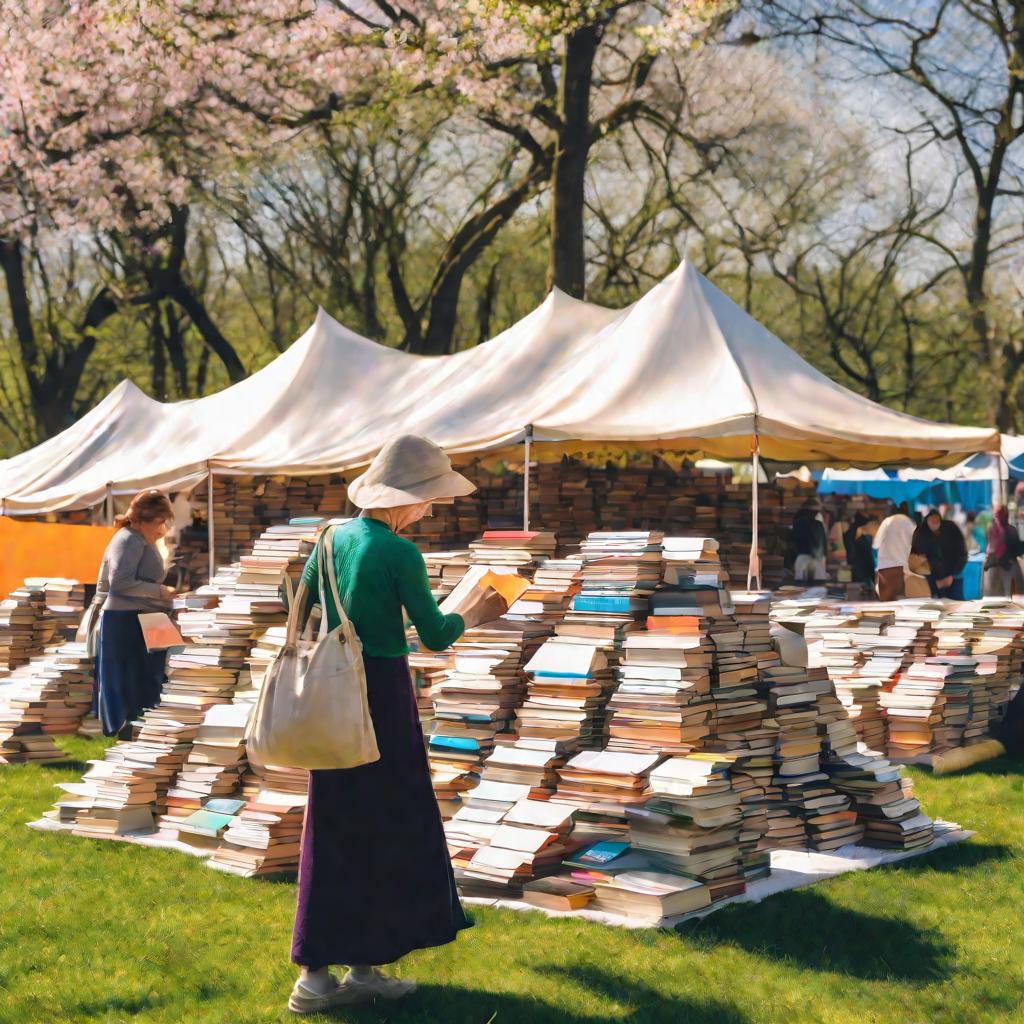 Женщина выбирает книгу на книжной ярмарке