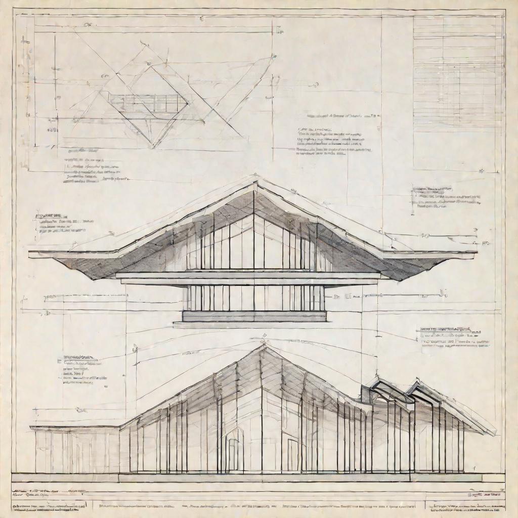 Чертеж здания с треугольными крышами