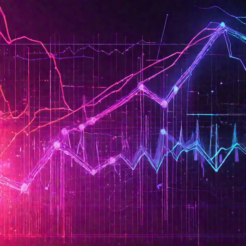 Абстрактная цифровая иллюстрация развивающегося графика с множеством взаимосвязанных точек данных и сложных уравнений вокруг него. Яркие неоновые наложения создают футуристическую эстетику, связанную с технологиями, и намекают на экстраполяцию данных.
