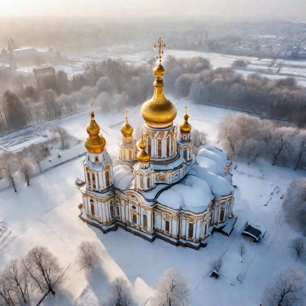 панорамный вид с заснеженным собором