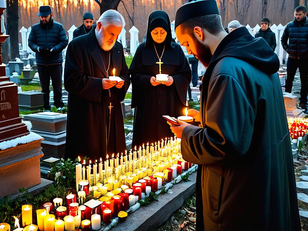 Верующие молятся с зажженными свечами на православном кладбище в день праздника Радоницы