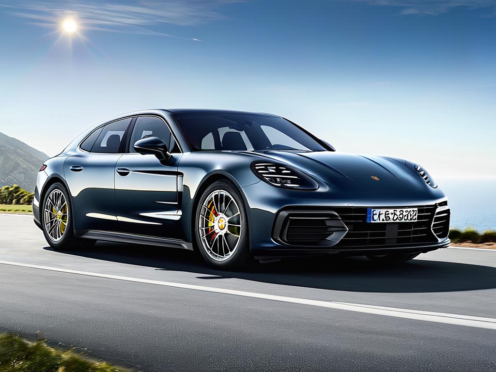 Вид спереди Porsche Panamera 2024 года с обновленными фарами и передним бампером