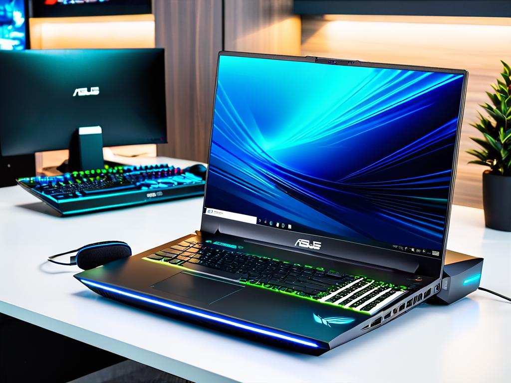 Игровой ноутбук Asus на столе рядом с клавиатурой и наушниками