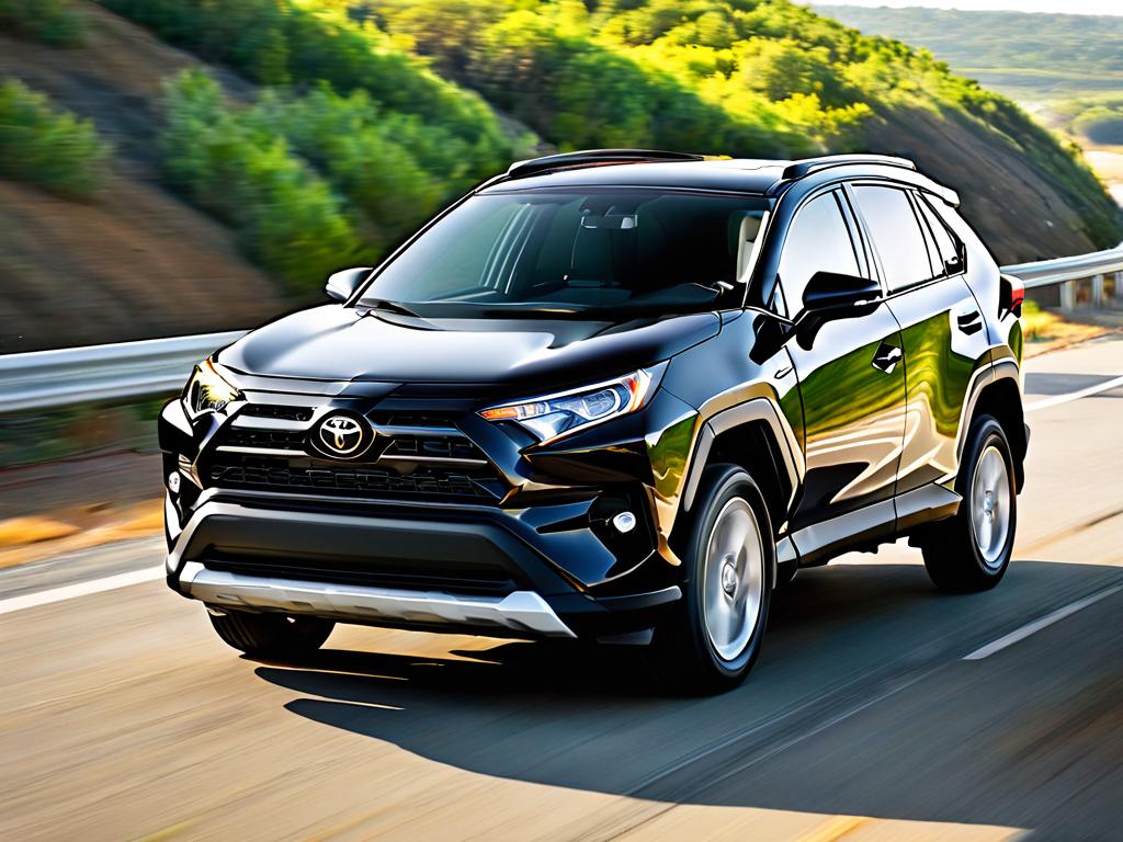 Черный Toyota RAV4 едет по шоссе, вид спереди сбоку