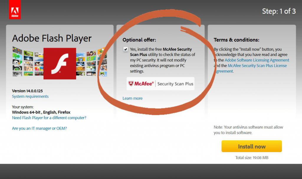 Установка McAfee при обновлении Flash Player