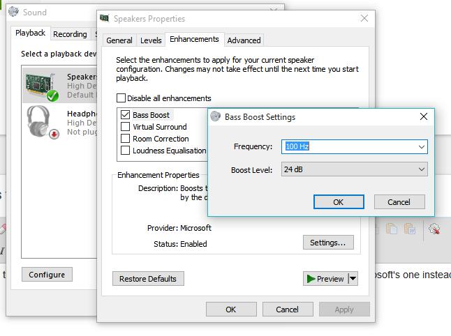 Улучшение басов в настройках Windows 10
