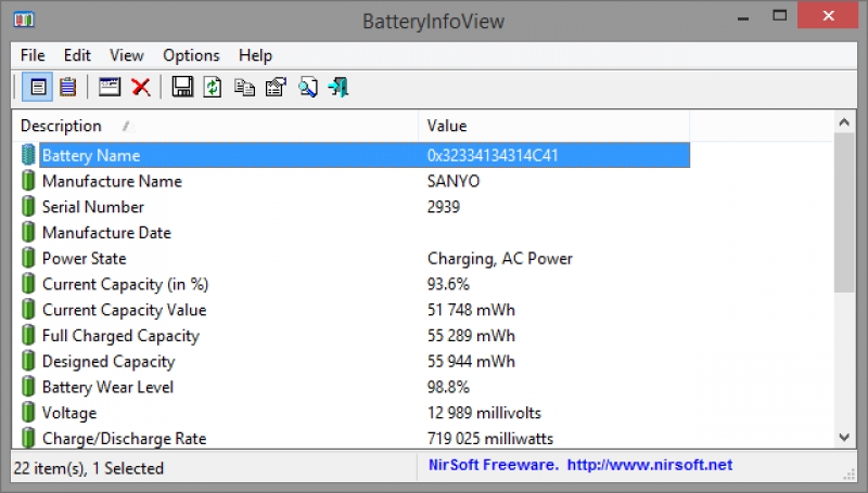 Утилита BatteryInfoView