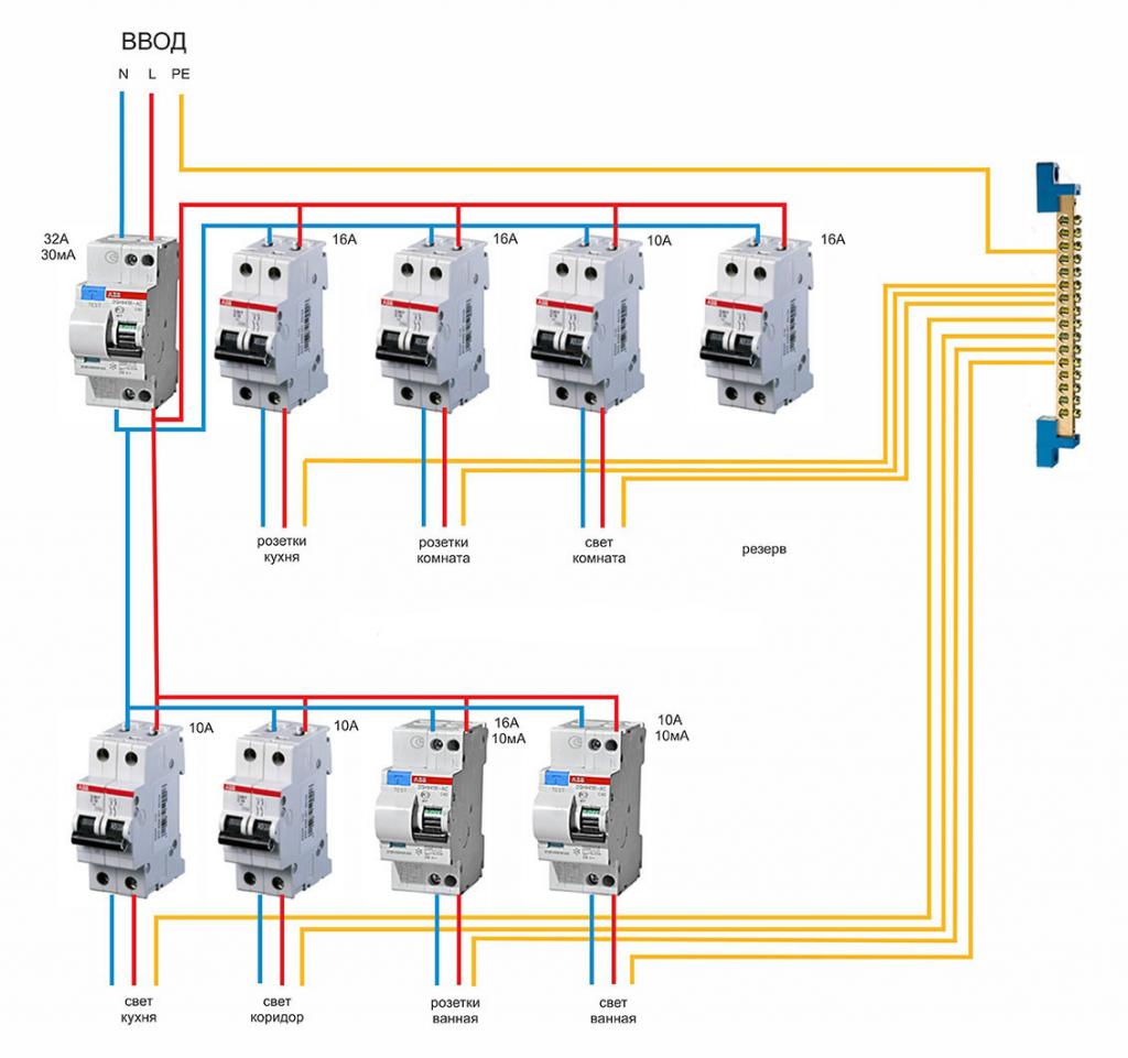 Схема подключения ряда двухполюсных автоматов