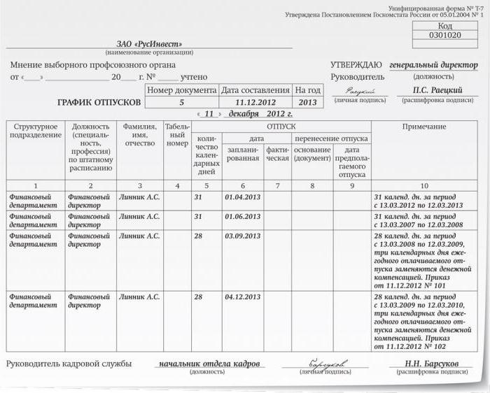 составление графика отпусков на 2017 год 